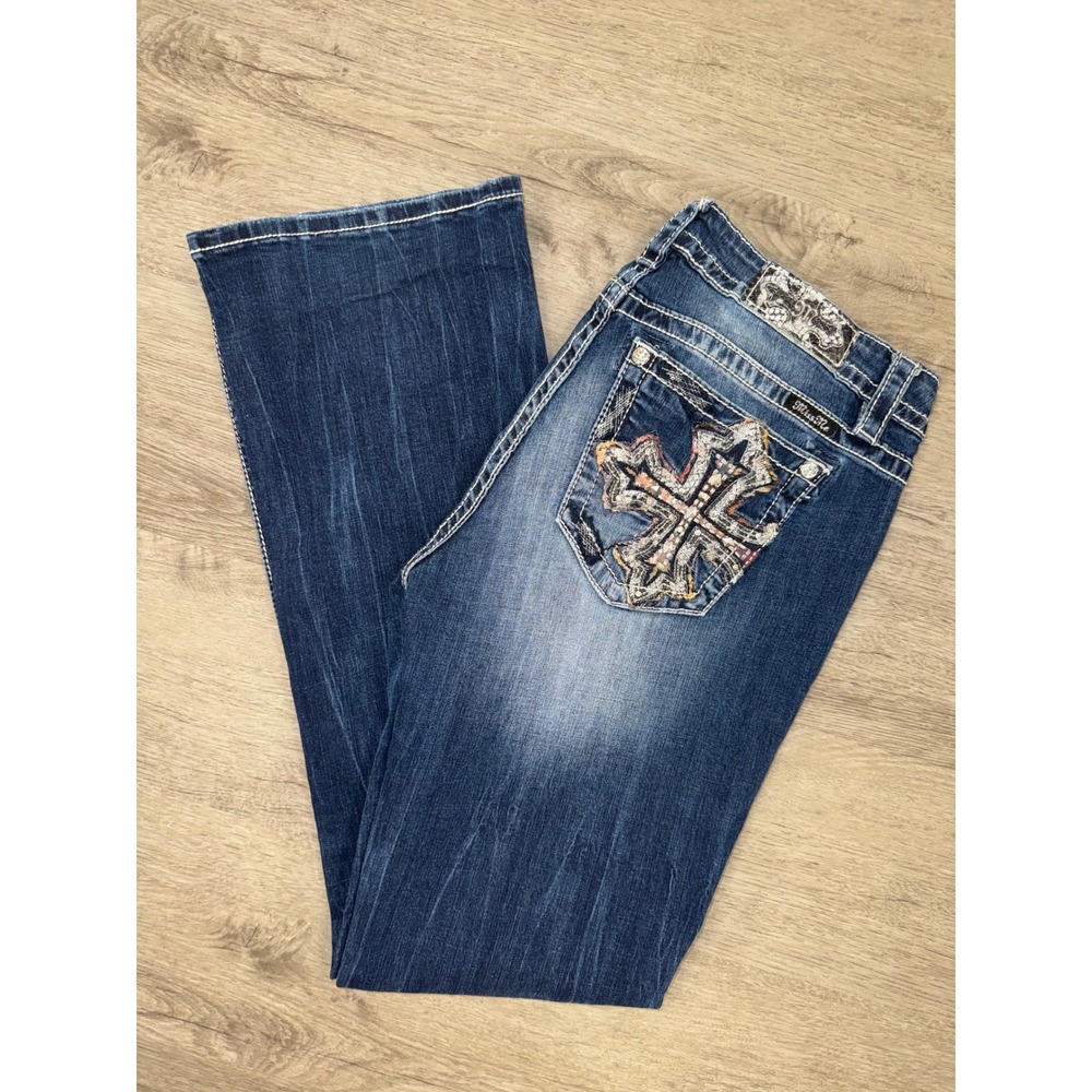 Miss Me Women's Y2K Dark Wash Boot Cut Rhinestone Cross Pocket Jeans 33x33